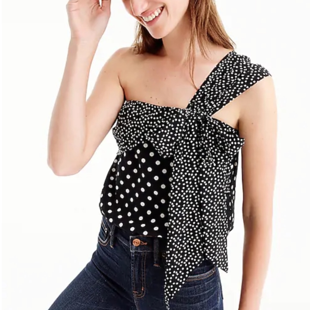 J.Crew One-Shoulder silk polka dot bow top